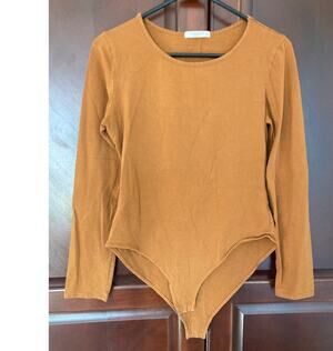 Mangopop - Rachel Green Style Y2K 90s Minimalist Camel Long Sleeve Bodysuit - XL